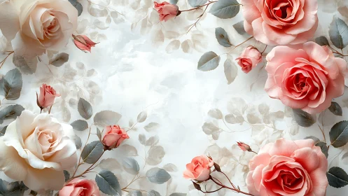 3D Rendered Floral Composition with Layered Roses and Eucalyptus Foliage