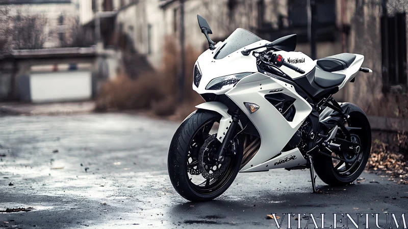 White sport motorcycle in moody urban backstreet setting.