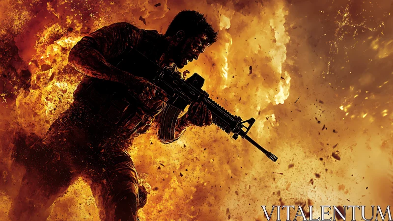 Digital painting of assault soldier silhouette in fiery blast field.