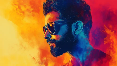 Neon portrait profile blends cool blues with burning fire