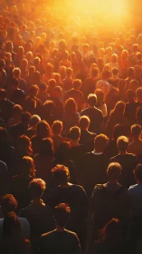 Crowd stands unified beneath a radiant golden sunrise glow
