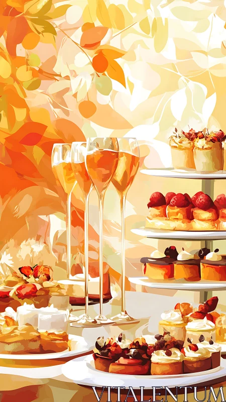 Golden autumn dessert table glowing with sweet delights.