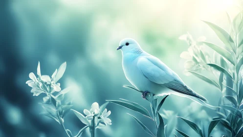 Pale Blue Dove Perched Among Delicate White Flowers