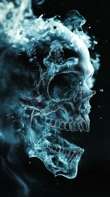 Liquid ghost skull in swirling blue smoke and shadowed light.