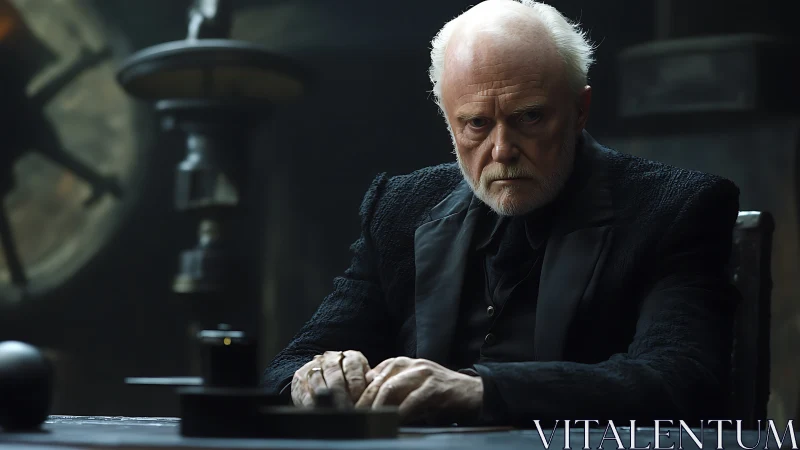 Older man sits at dark table in moody interior setting