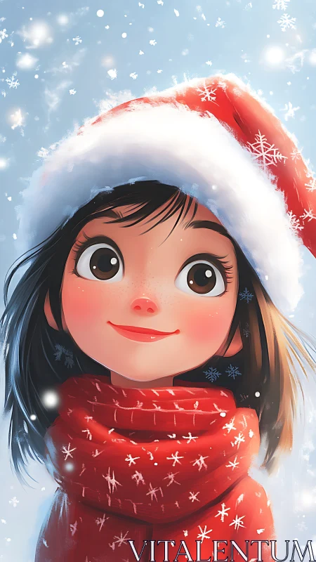 Smiling winter girl in red scarf and Santa hat portrait.