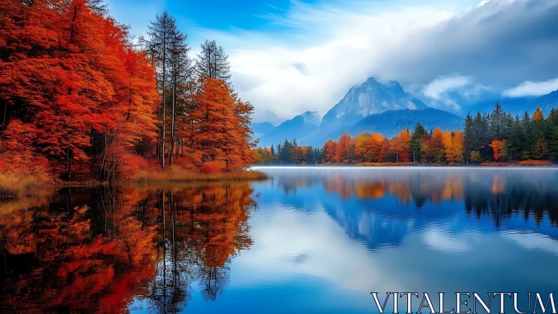 Mountain lake reflects dense autumn forest and distant peaks