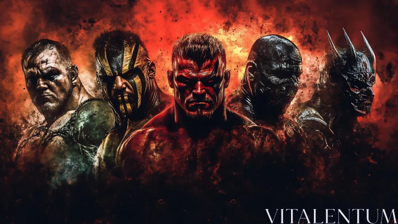 Armored warriors emerge from infernal smoke in high-contrast digital art