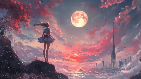 Moonlit girl watching a dreamy city beyond pink clouds.