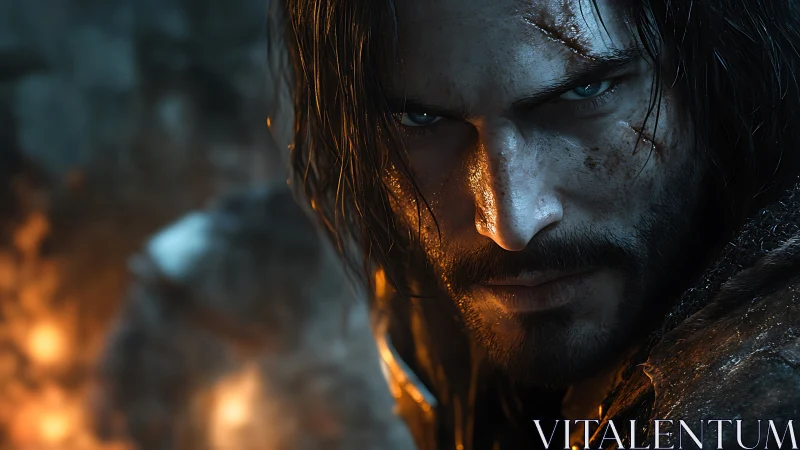 Brooding warrior close-up amid embers and cold shadows.