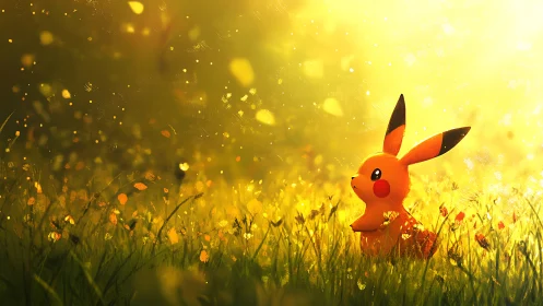 Pikachu basking in glittering golden meadow daydream light.