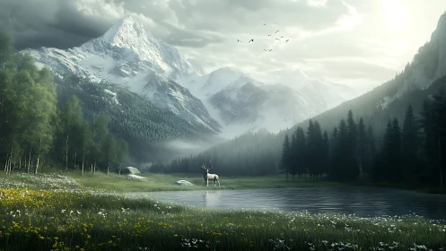 Silent stag crowned in morning mist beneath alpine giants.