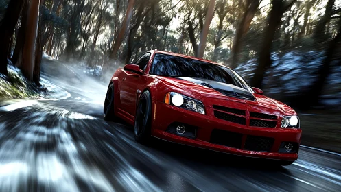 Red sports car powers through wet forest mountain road.