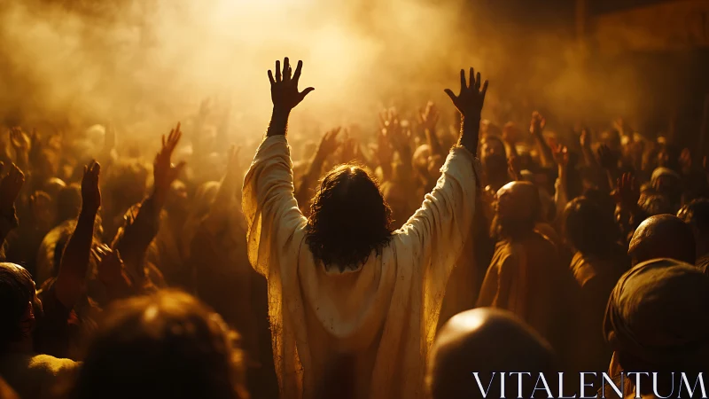 Central robed figure raises arms before dense standing crowd