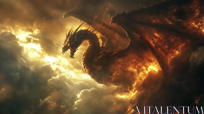 Fiery dragon silhouette emerging through dense storm clouds.