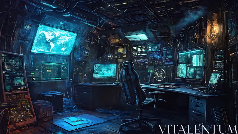 Cyberpunk control room shows multi-screen monitoring station