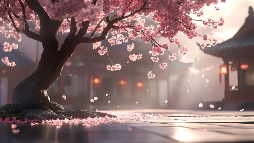 Blossom-laden sakura dreams over tranquil temple courtyard.