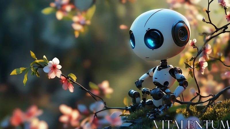 Miniature white robot observing cherry blossoms in spring.