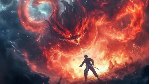 Fiery spirit looms as lone warrior faces a blazing destiny.