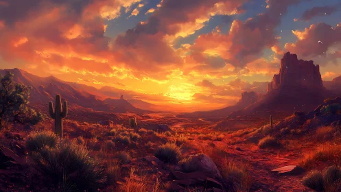 Sunlit desert valley stretches under dense glowing clouds