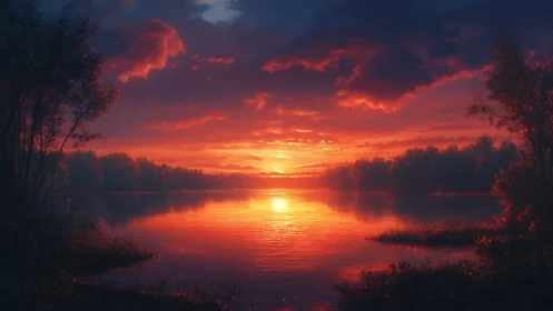 Sunset light reflecting across calm forest lake surface.