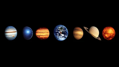 Photorealistic planet lineup against deep black space backdrop.
