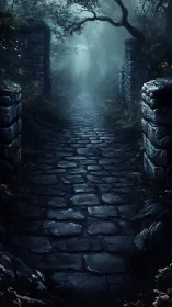 Moonlit cobblestone gateway into the whispered woods.