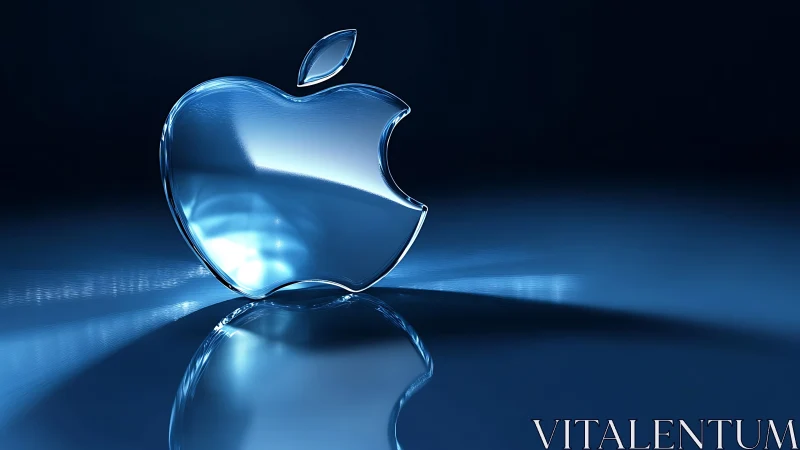 Glass apple logo sculpture reflects cool blue studio light.