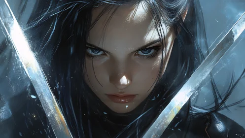 Steel-eyed warrior girl holds twin blades in icy light