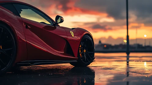 Low-angle view of red supercar bodywork against reflective wet asphalt