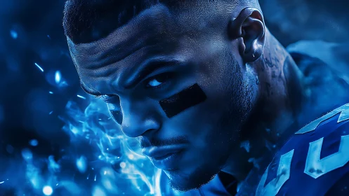 Blue-lit football warrior portrait with intense neon energy.