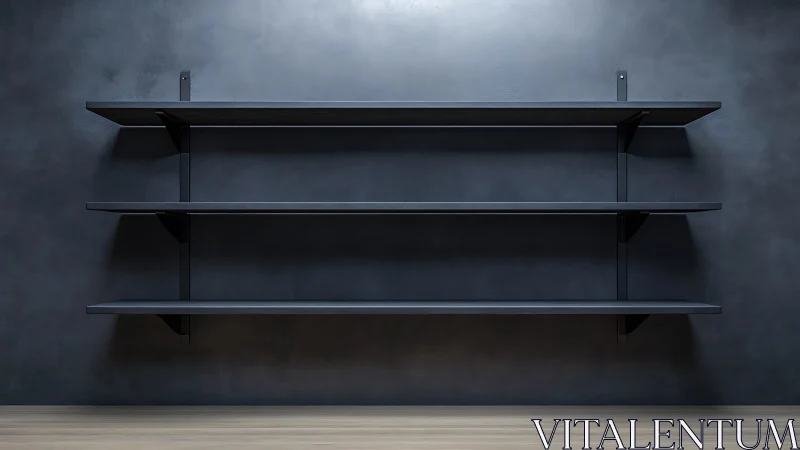 Triple-tier black wall shelving on dark concrete wall.