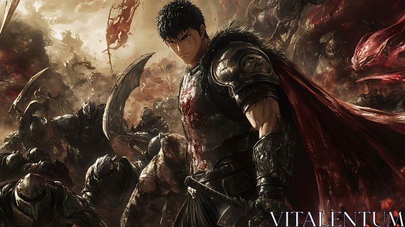 Armored swordsman in bloodstained battlefield with demonic horde