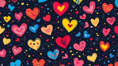 Colorful Hearts Pattern on Dark Navy Background.