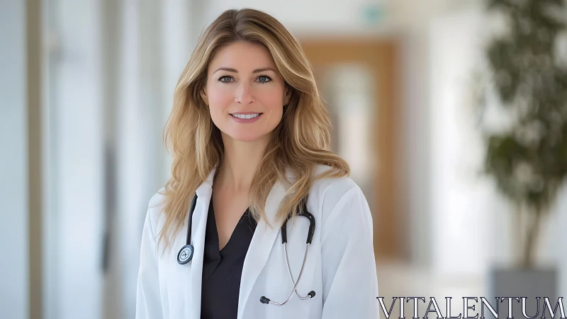 Confident Female Doctor in Modern Hospital Hallway, Natural Light.