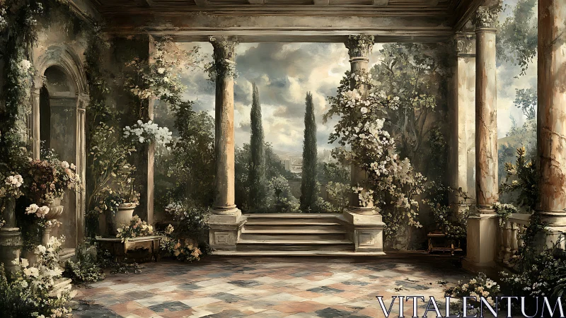 Classical garden terrace with columns and distant cypresses.