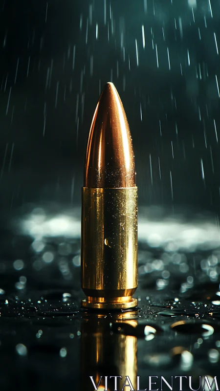 Vertical brass bullet standing on wet reflective surface in rain.