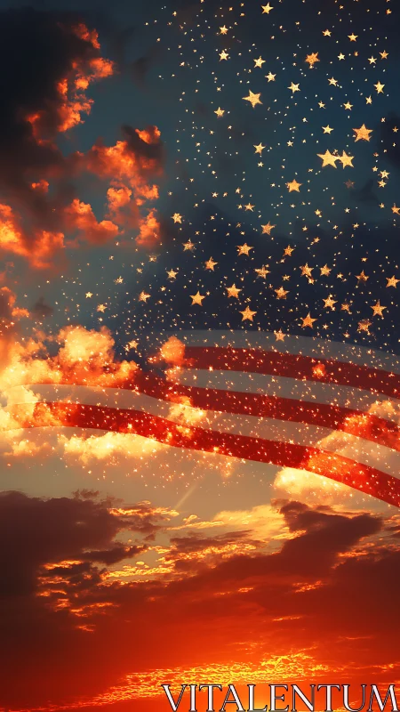 US flag overlay on dramatic red and blue sunset sky.