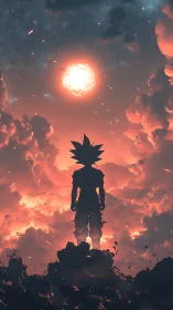 Silhouetted warrior studies stellar vortex above eruptive clouds