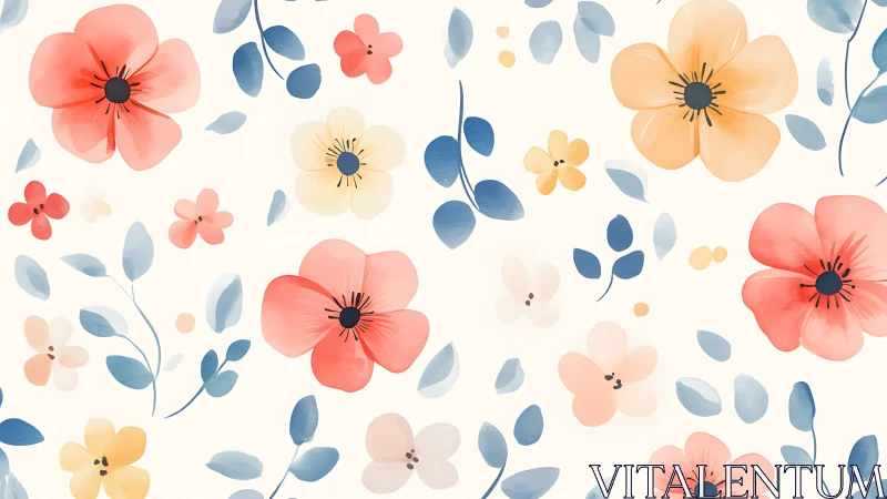 Watercolor Floral Pattern with Pink, Peach, and Blue Blooms