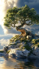 Solitary windswept tree bends toward light above calm water