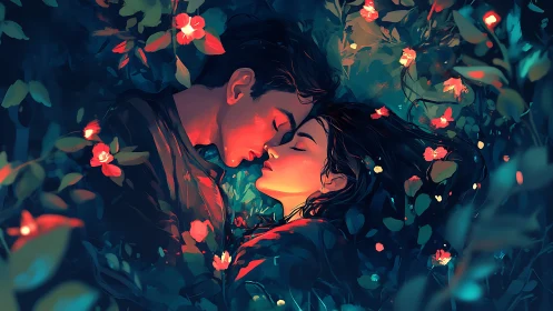 Lovers Embracing in Glowing Flower Garden.