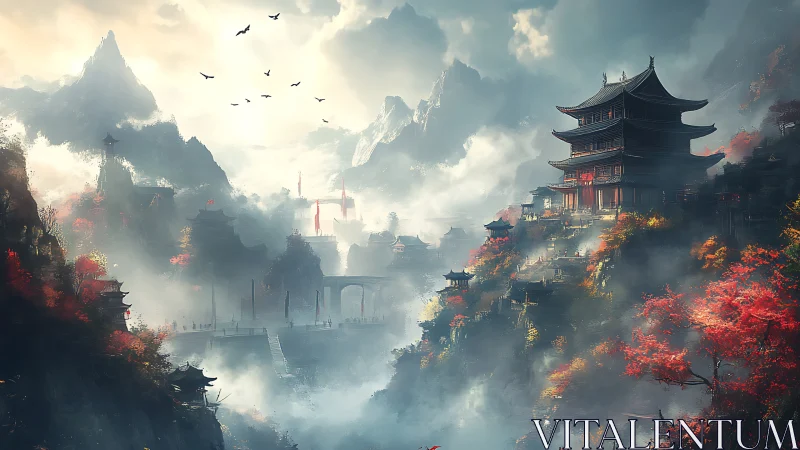 Misty mountain valley with terraced pagoda complex at sunrise