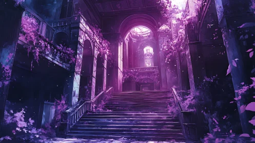 Digital painting of overgrown violet grand staircase interior.