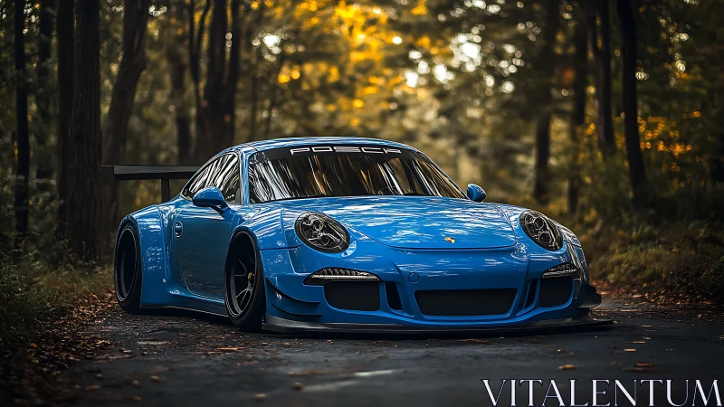 Blue track car crouches low on a forest road at dusk