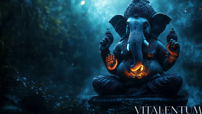 Luminous Ganesha statue in misty forest rendered with cinematic lighting