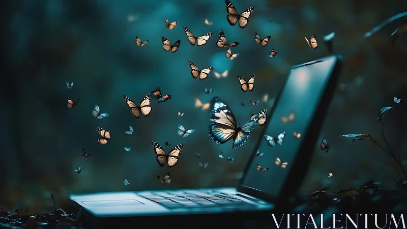 Bioluminescent butterflies emerging from open laptop at dusk