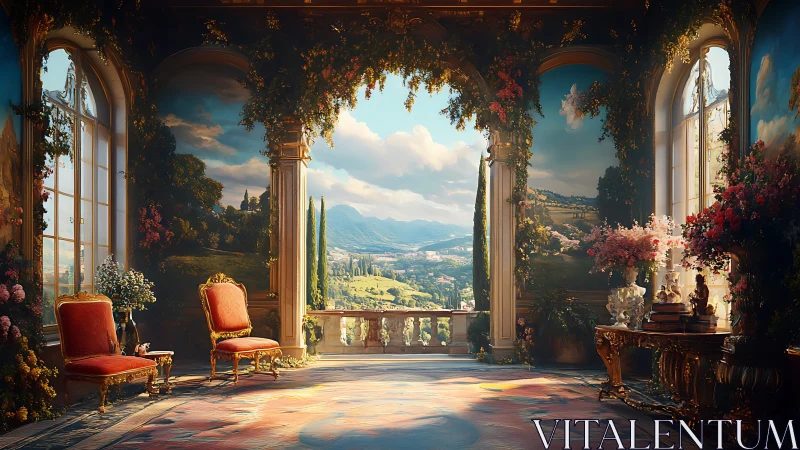 Baroque loggia interior with Tuscan landscape view at sunrise