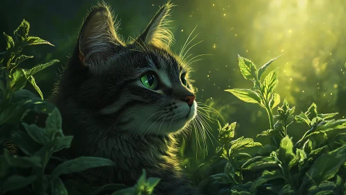Black Cat with Green Eyes in Glowing Garden.