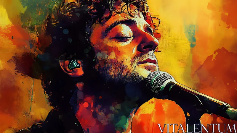 Singer in vivid watercolor light sings into microphone
